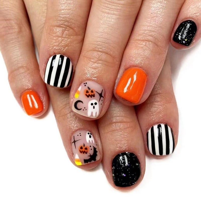CTTHNBD 6 Packs (144 Pcs) Halloween Press on Nails Short Square, Almond Press on Nails, with Pumpkins Ghost Spider Web Design Stick on Fake Nails for Women - 12 Sizes, 6Styles - Image 2